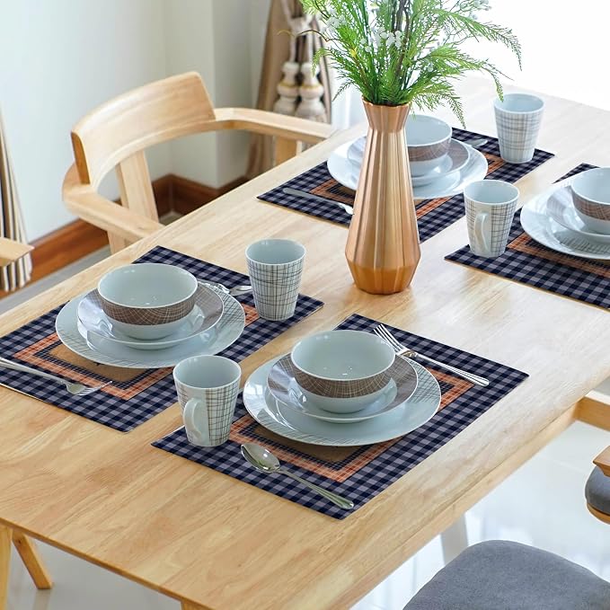 Western Placemat Set of 4 Primitive Stars Linen Washable Place Mat 18 x 12 Inch Navy Blue Red Classic Buffalo Plaid Decorative Farmhouse Country Desktop Decor Table Mat for Party Dining Kitchen Indoor