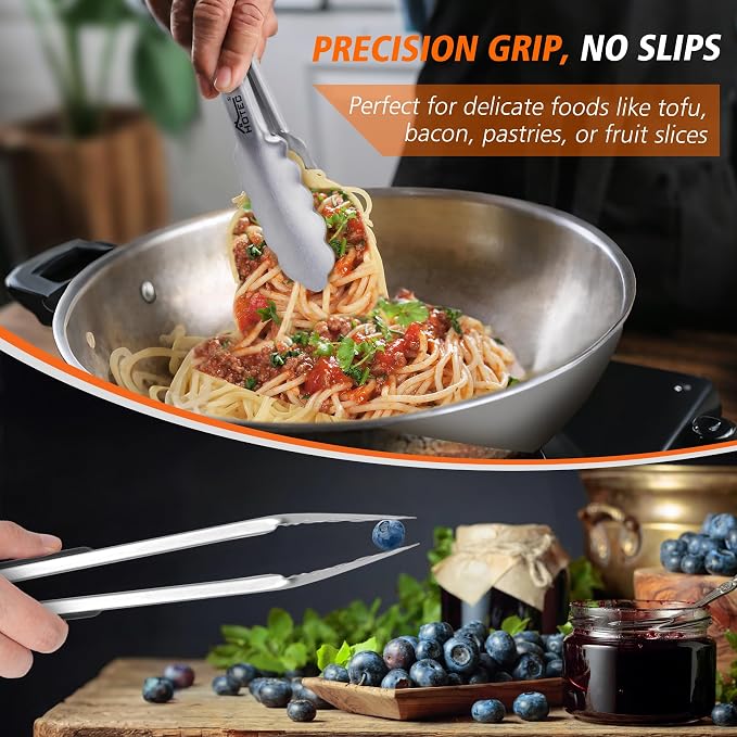 Hotec Stainless Steel Kitchen Tongs, Locking Metal Food Tongs for Cooking, Serving, BBQ, Grill & Air Fryer with Non-Slip Grip, Set of 2-12"