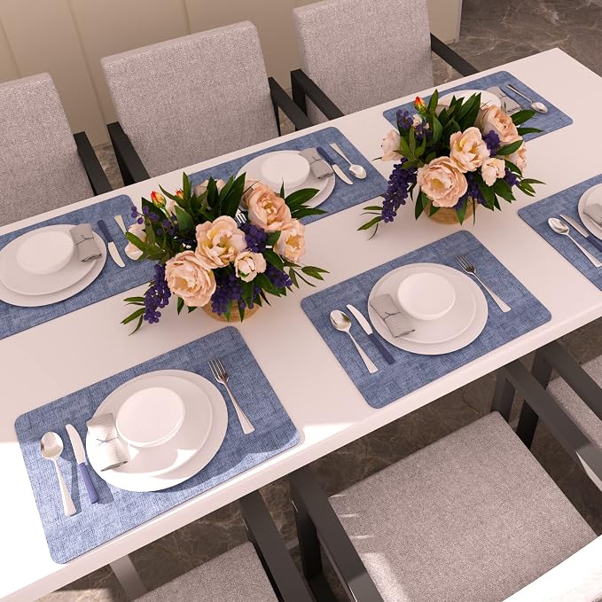 Maxpearl Faux Leather Placemats Set of 6, Easy to Clean, Blue | Waterproof - Heat Resistant - Non Slip - Wipe Clean Dining Table Place Mats, Suitable for Indoor & Outdoor Use, 17''×12''