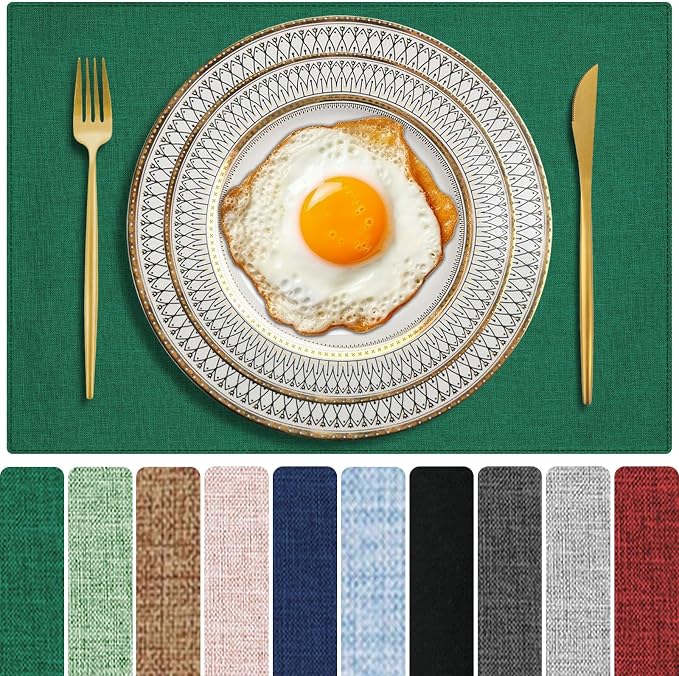 Cloth Placemats Set of 6, Cotton Linen Blend Place Mats, Green | Machine Washable, Double Layered, Heat Resistant, Fabric Dining Table Mats for Kitchen, Indoor & Outdoor, 13" x 19"