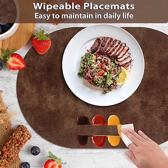 ADRIMER Placemats, Heat Resistant Oval Placemats Set of 12 Washable 12 x 17 Inch, Waterproof Table Mats, Wipeable Pu Place Mats for Kitchen, Dining Room, Brown
