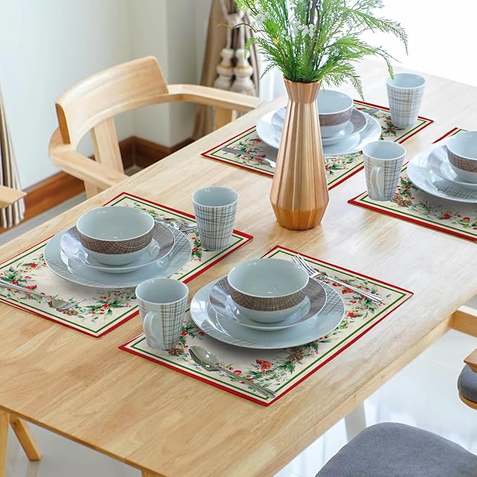 Winter Holly Branches Placemats Set of 4, Xmas Red Birds Pine Cone Dining Table Place Mats Linen Fabric Desk Top 12 x 18 Inch for Seasonal Holiday Home Kitchen Decor