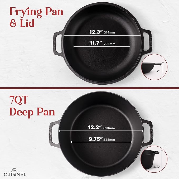 Cuisinel Cast Iron Dutch Oven 7-Qt Pre-Seasoned 2-in-1 Multi-Cooker with Lid that Doubles as a 12" Skillet, Silicone Handle Covers & Pan Scraper for Baking, Frying, Camping & Everyday Cooking