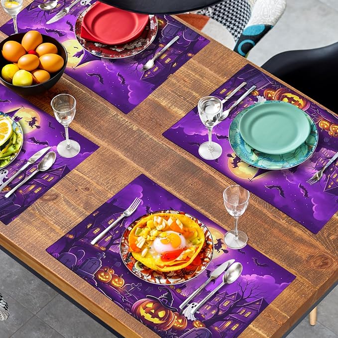 Purple Halloween Placemats Set of 4 Castle Witch Bats Pumpkin Spooky Place Mats Farmhouse Fall Holiday Table Mats for Party Kitchen Dining Outdoor Indoor Decor