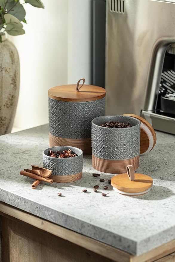 Miamolo Kitchen Canisters for Countertop, Small Coffee Jar, Gray & 5 fl.oz | Ceramic Coffee Container with Lid for Pantry | Airtight Seal for Tea, Sugar Coffee Beans | Decorative Coffee Bar Accessories
