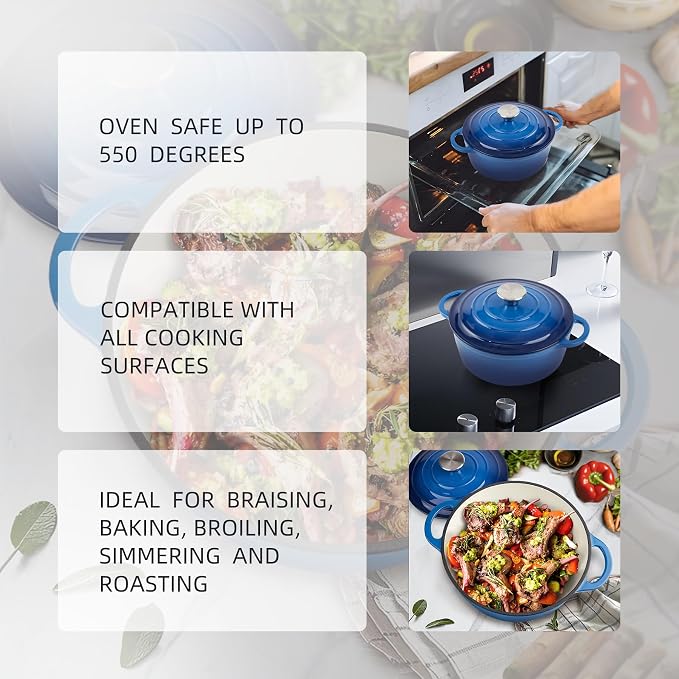 3 Quart Dutch Oven Enameled Cast Iron with Lid - Big Dual Handles - Oven Safe up to 500°F - Classic Round Pot for Versatile Cooking Blue