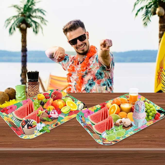 gisgfim 2PCS Summer Floral Serving Trays with Handles 16 X 11inch Large Melamine Tray Rectangular Hawaiian Luau Serving Platter Aloha Tropical Tray Melamine Dishes for Serving Food Outdoor Party Plate