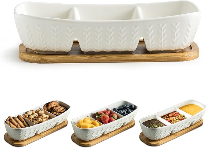 Miamolo Condiment Bowls Divided Serving Tray, Chip and Dip Bowl for Party | Ceramic 10-inch, 3 Compartment Tray + Wood Base | for Snacks Appetizer Charcuterie, Microwave Oven Safe, Hosting Essentials