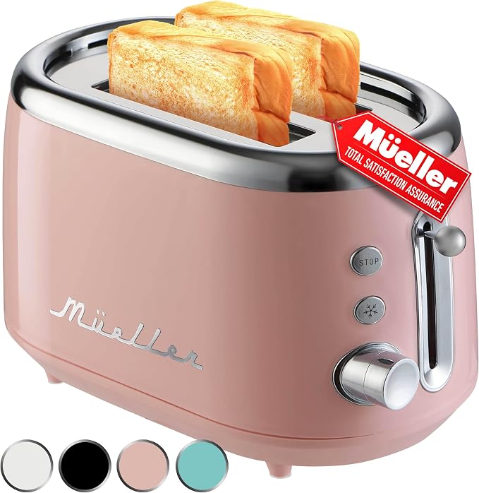 MUELLER HOME Retro Toaster 2 Slice, 7 Browning Levels | 3 Functions (Reheat, Defrost, Cancel), Stainless Steel Features, Removable Crumb Tray, Under Base Cord Storage, Pink
