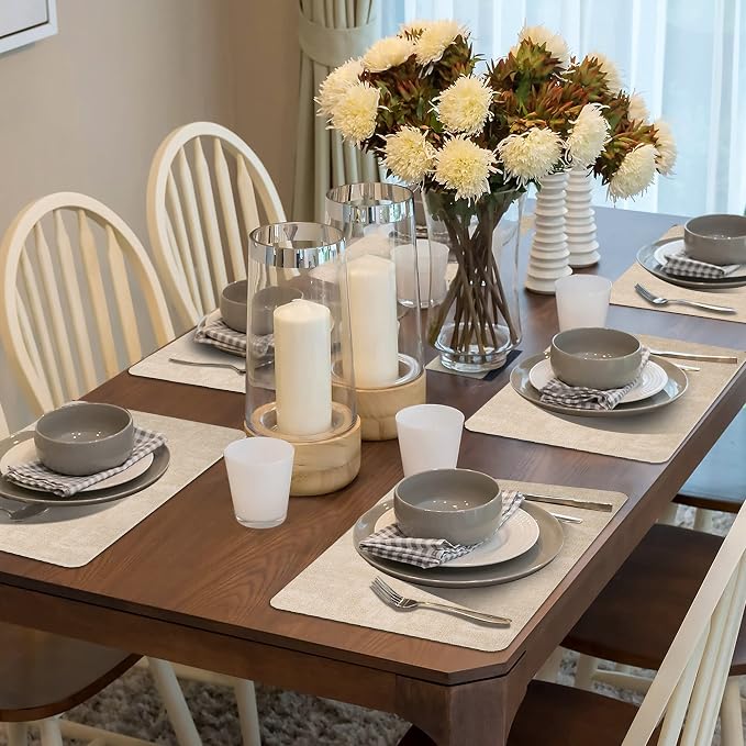 Maxpearl Faux Leather Placemats Set of 6, Easy to Clean, Beige | Waterproof - Heat Resistant - Non Slip - Wipe Clean Dining Table Place Mats, Suitable for Indoor & Outdoor Use, 17''×12''