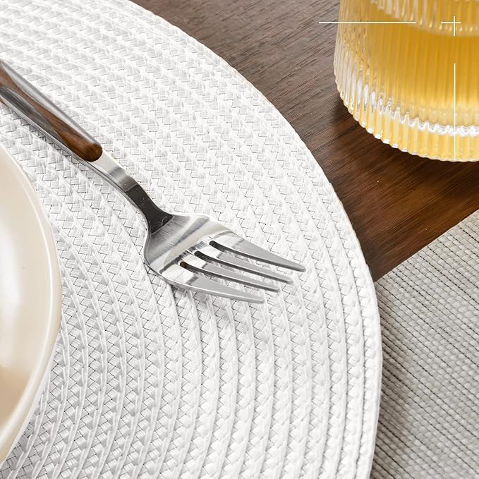 FunWheat Round Braided Placemats Set of 4 Table Mats for Dining Tables Woven Washable Non-Slip Place mats 15inch (White, 4pcs)