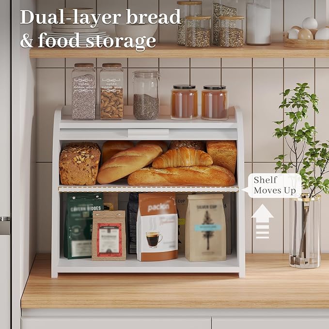 Kitsanery Bread Box for Kitchen Countertop, Bamboo Bread Storage, Double-Layer Roll-Top Bread Container, Farmhouse Bread Holder for Homemade Bread (White, double layer)
