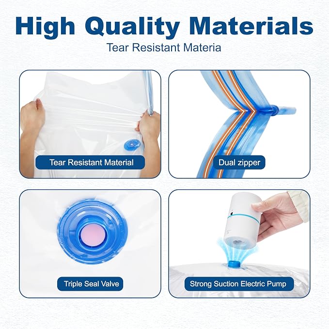 HOUSE DAY 10 Medium Vacuum Seal Bags For Clothing Travel, 80% Space Saving Travel Vacuum Bags with Electric Pump, Vacuum Storage Bags For Clothes, Blankets, Moving, Camping, Toys, Reusable & Durable