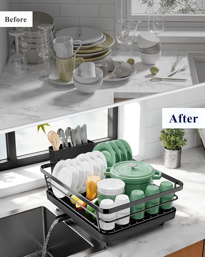 Kitsure Dish Drying Rack for Kitchen Counter, 12''W x 15.5''L, Black | Stainless Steel Sink Organization, Cutlery Holder, Home and Appartment Decor