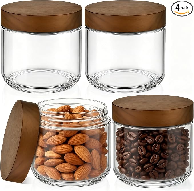 Bumobum 8 oz Glass Jars with Wood Lids, Loose Leaf Tea Storage, 4 Pack | Acacia Wood Lids, Airtight Seal, Easy to Fill, Small Food Containers for Coffee, Snacks, Yogurt, Spices, Pantry Storage