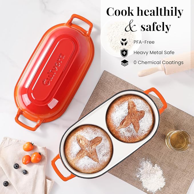 Cast Iron Bread Pan with Lid, Mini Enamel Sourdough Baking Dutch Oven Pot, Double Round Loaf Space for Homemade, Bread, Cake, Meatloaf, 16.5cm Diameter, 500°F Oven Safe, Non Stick, Orange