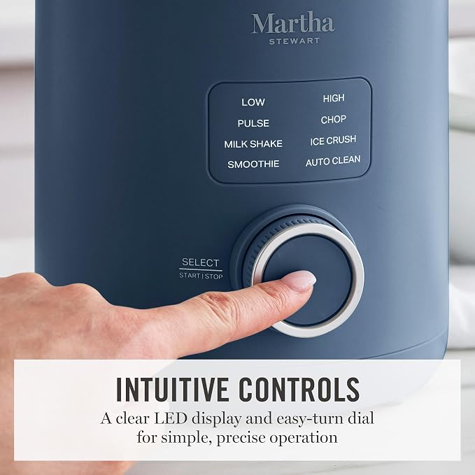 Martha Stewart 50oz Countertop Blender, 3 Speeds, 5 Presets, Indigo Blue | BPA-Free Pitcher, Smoothies, Margaritas, Milkshakes & Ice Crushing, Stainless Steel Blades, Auto-Clean, Dishwasher-Safe Parts