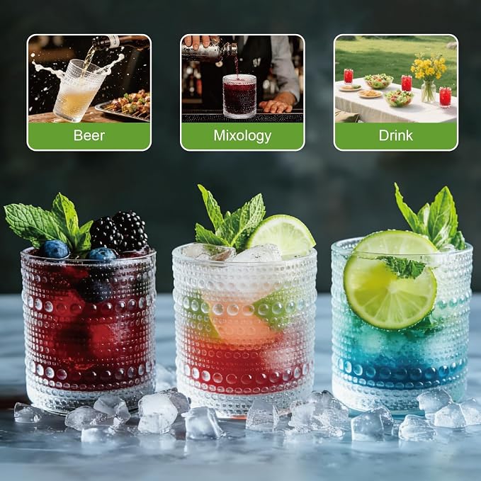 Hobnail Drinking Glasses Set of 8，Includes 12 oz beer glasses and 10 oz cocktail glasses.Kitchen Water Glass Cup,Bar Tumbler Glassware Set for Whiskey, Beer, Cocktail, Juice, Milk