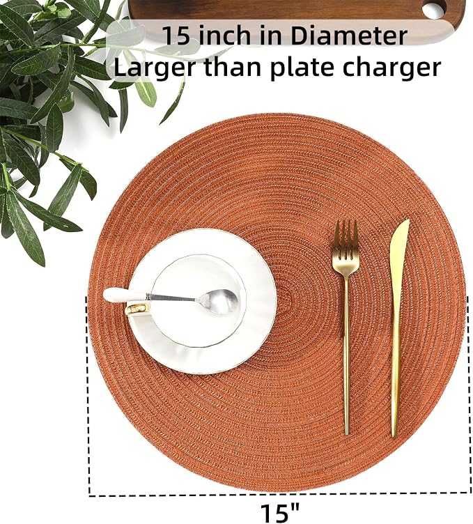 SHACOS Round Placemats Set of 4 for Dining Table 15 inch Round Braided Fall Placemats Washable Kitchen Table Mats Home Decor, Dark Orange