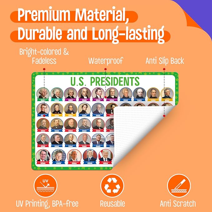 6 Pack Placemats for Kids, Non-Slip Washable, Reusable Universe, Periodic Table, US President, Human Body, Map of USA & World Educational Placemats for Home, Kindergarten, Classroom, Nursery