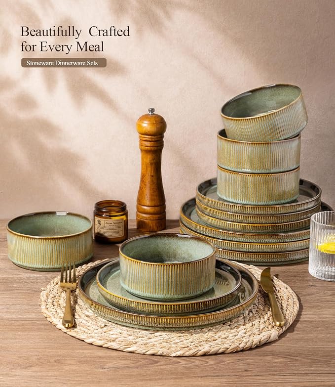 GBHOME Stoneware Dinnerware Sets for 4, 12-Piece Plates and Bowls Set | Handmade Reactive Glaze Ceramic Dish Set, Scratch Resistant, Dishwasher&Microwave Safe,Moss Green