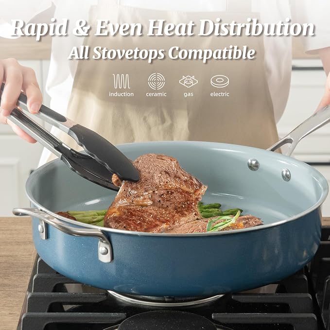 Nonstick Sauté Pan with Lid 5 QT Deep Frying Pan with Stainless Steel Helper Handle 12 inch Large Skillet Ceramic Jumbo Cooker for Healthy Cooking, Induction Compatible Cookware, PFOA Free