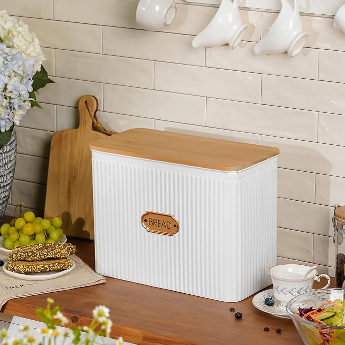 Extra Large Vertical Stripe Embossed Bread Box with Bamboo Lid | Corner Breadbox for Homemade Bread, White Metal Bread Storage Container Bin for Kitchen Countertop, Fits 2 Loaves of Bread