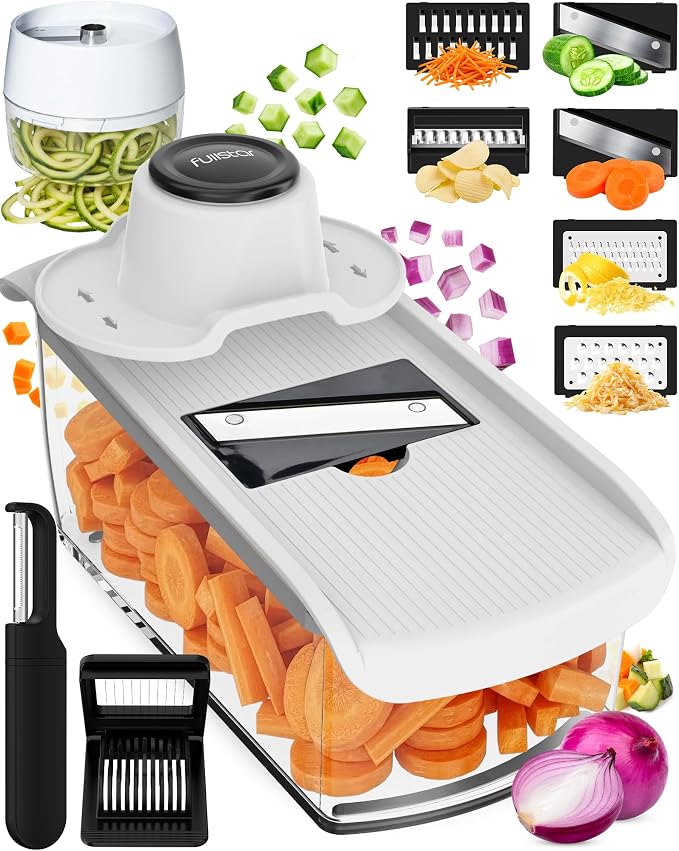 Fullstar Pro Mandoline Vegetable Slicer, Grater & Spiralizer with Container | 11 in 1 Fruit Cutter, Cheese Grater & Spiralizer with Safety Gloves, Stainless Steel Blades & Container (White)
