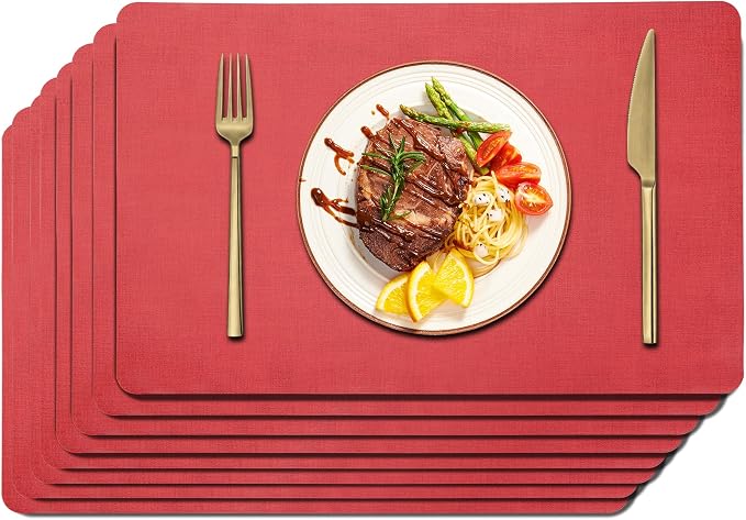 Maxpearl Faux Leather Placemats Set of 8, Easy to Clean, Light Red | Waterproof - Heat Resistant - Non Slip - Wipe Clean Dining Table Place Mats, Suitable for Indoor & Outdoor Use, 17''×12''