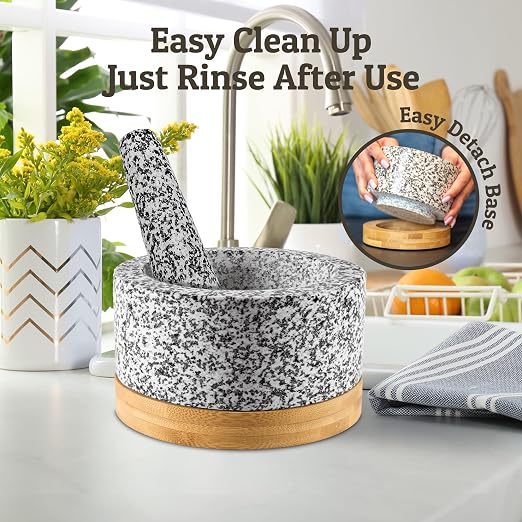 PriorityChef Heavy Duty Mortar and Pestle Set with Bamboo Base, 100% Natural Granite Stone Grinder, Guacamole Bowl and Masher, 4 Cups, White