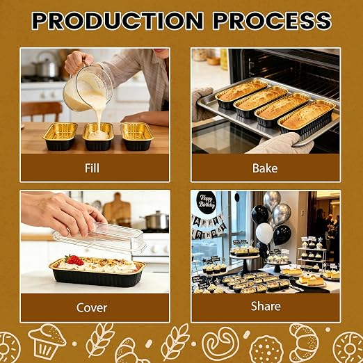 NPLUX Loaf Pans with Lids, 100 Pack Black Gold 6.8oz for Bakery Gifts | Use for tasting samples, dessert bars, fruit cups and brownies; clear top helps buyers see the finished look.