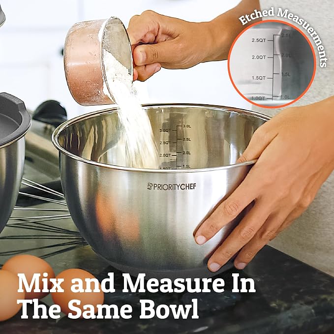 Premium Mixing Bowls With Airtight Lids Set, Thicker Stainless Steel Mixing Bowl Set, Large Prep Metal Bowls with Lids, Nesting Bowls for Kitchen, 1.5/2/3/4/5 Qrt, Grey