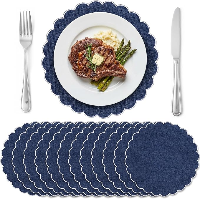 Set of 12 Navy Blue Cotton Placemats 15" Round Scalloped White | Double Layered Cotton Fabric, Washable Embroidery, White Edge Edge, Rustic Table Mats for Wedding Dining Table Decor