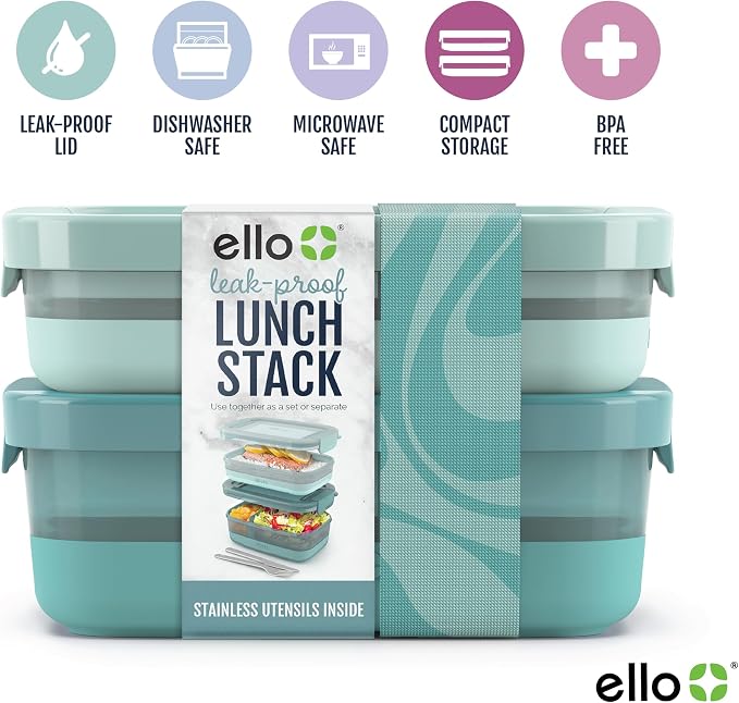 Ello Lunch Stack Bento Box Plastic Food Containers, 2 Pack, Mint Chip | Leakproof bento box food containers, 2 pack. BPA-free, great for meal prepping, school & office lunches, and leftovers.