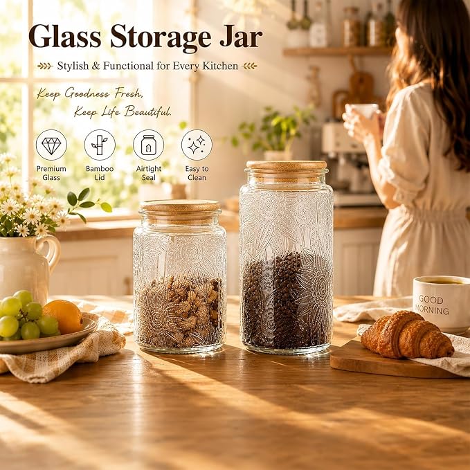 Vintage Glass Jar with Bamboo Lid, 23.7 FL oz - Airtight Decorative Food Storage Canisters for Kitchen Counter, Ideal for Candy, Sugar, Coffee, Cookies (Sunflower*2)