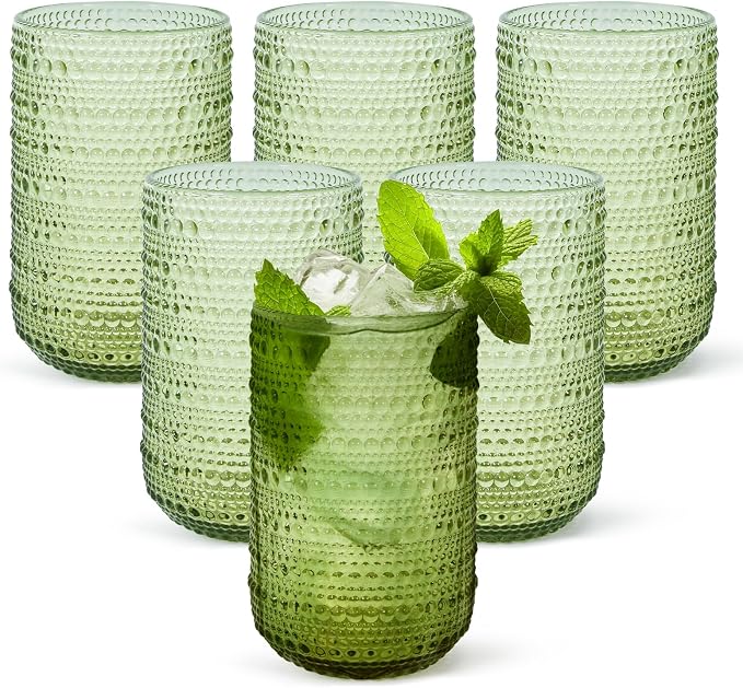 CHLJAR Hobnail Drinking Glasses Set of 6, 14 oz Vintage Glassware Set, Embossed Green Water Tumbler for Beer, Juice, Cocktail, Whiskey, Milk, Green