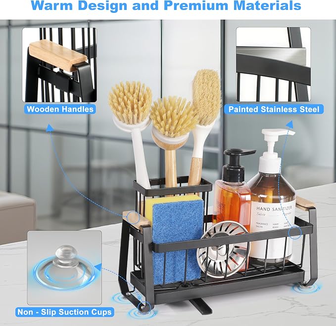 Sponge Holder for Kitchen Sink Caddy Organizer with Brush Holder | Stainless Steel Sponge Caddy with Suction Cup, Rustproof Kitchen Sink Organizer, Dish Soap Holder for Kitchen Countertop