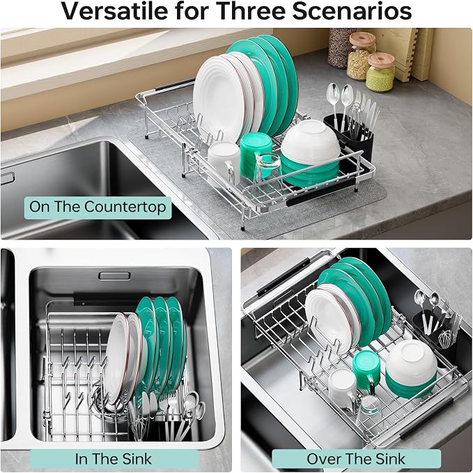 Urackify Expandable in-Sink or Over-Sink Dish Drying Rack, 14.5"-18", Black | 304 Stainless Steel, Fits Most Sinks, Rust-Resistant, Space-Saving, Removable Utensil Holder