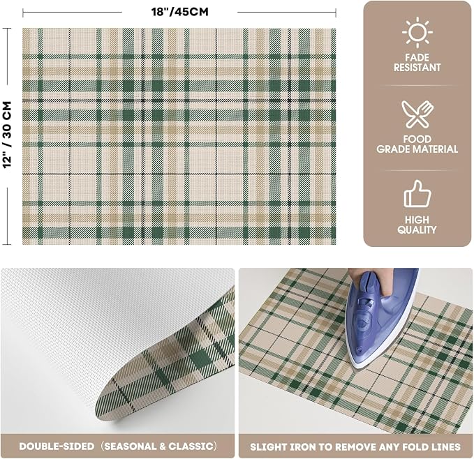 Artoid Mode Stripe Plaid Vinyl Placemats Set of 4, 12x18 Inch Washable Non-Slip Heat Resistant Plastic Place Mats for Party Dining Table, Olive Green