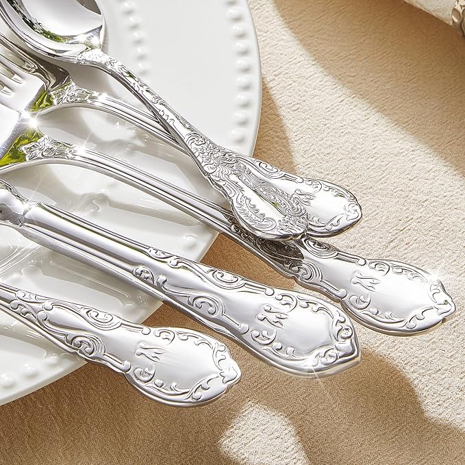 60-Piece Vintage Silverware Set, 18/10 Stainless Steel Flatware | Retro Utensils, Cutlery Set, Mirror Polished Finish, Dishwasher Safe, for Home, Wedding & Housewarming Gift