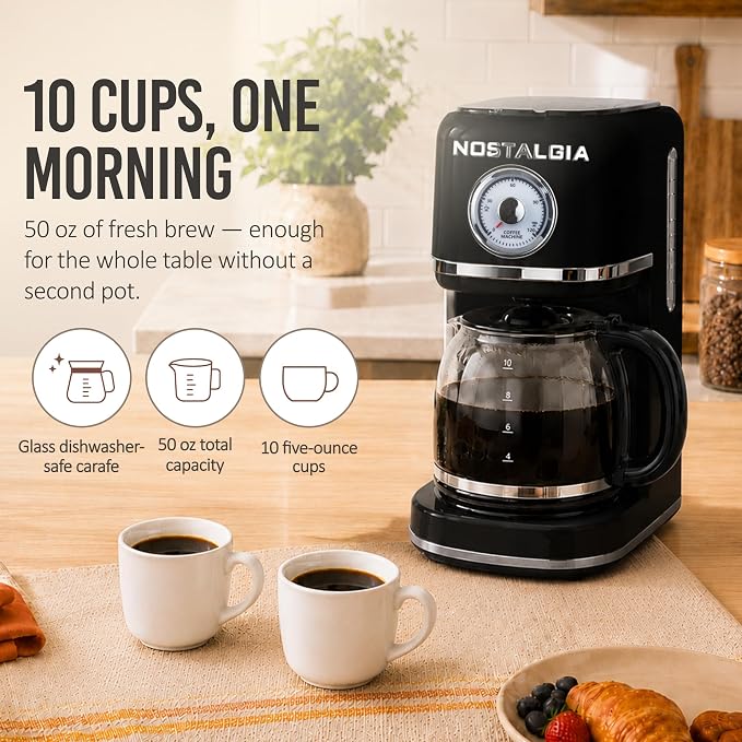 Nostalgia Classic Retro 10 Cup Coffee Maker - One-Touch Drip Brew, Reusable Filter - Anti-Drip, Auto Shutoff, & Time Display - Dishwasher Safe 50 oz Carafe - Black
