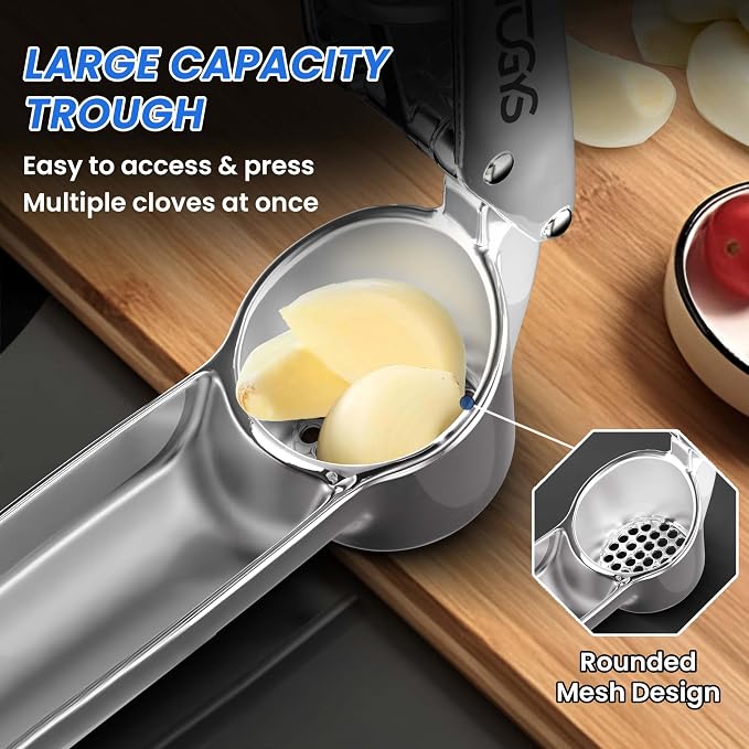Heavy Duty Stainless Steel Garlic Press - Professional Grade Garlic Mincer & Crusher with Ergonomic Soft Grip Handle, Dishwasher Safe, Rust-Proof - Easy to Clean Kitchen Gadget for Cooking