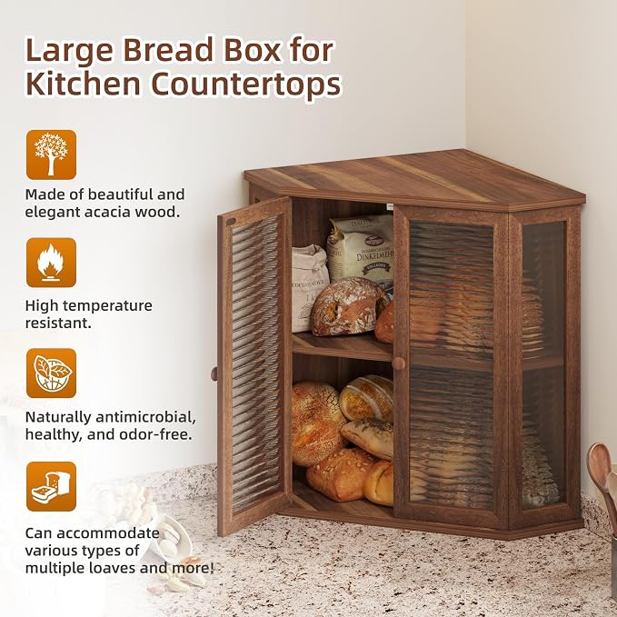 Extra Large Acacia Wood Corner Bread Box for Kitchen Countertop, 16.5 Inch Wooden Breadbox with Glass Wavy Door, Durable Grain Finish, Farmhouse Style Design (Acacia Wood)