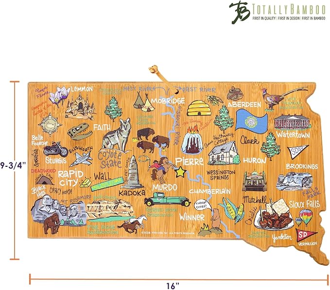 Totally Bamboo South Dakota State Shaped Cutting Board, Art by Fish Kiss | State charcuterie board with colorful hand-drawn map artwork. Smooth reverse side for food prep. Hang tie for wall display.