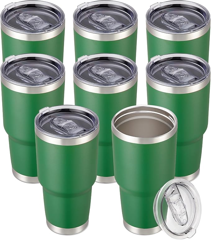 30 oz Tumbler with Lid Stainless Steel Tumblers Bulk, 8 Pack | Vacuum Insulated Cup, Leak Proof Lid, Powder Coated Travel Mug, Double Wall, Keep Cold Drinks for 12 Hours, Dark Green