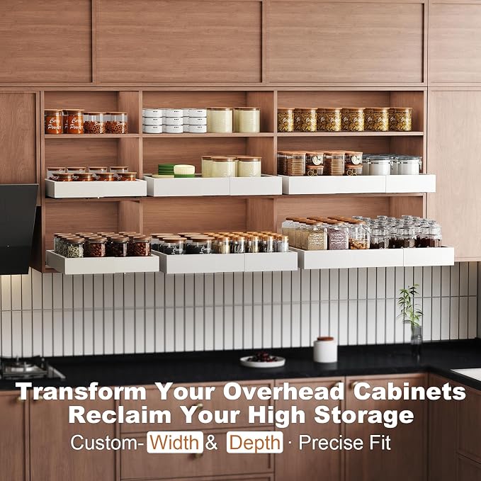 Fokyfok Pull out Cabinet Organizer,18"-25"W,10"-13"D,Expandable,Adhesive | No Drill,Upper Cabinet,Adjustable Slide out Drawers for Pantry,Roll out Shelves Short,Framless Cabinets,Kitchen,White,1PC