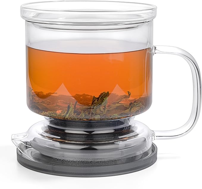 Glass Tea Infuser – Loose Leaf Brewer Cup with Lid – Premium Glass Steeper for Loose Leaf with Coaster | Easy Brew & Clean, BPA-Free, Innovation Smart Tea Maker for Daily Brewing | 17oz