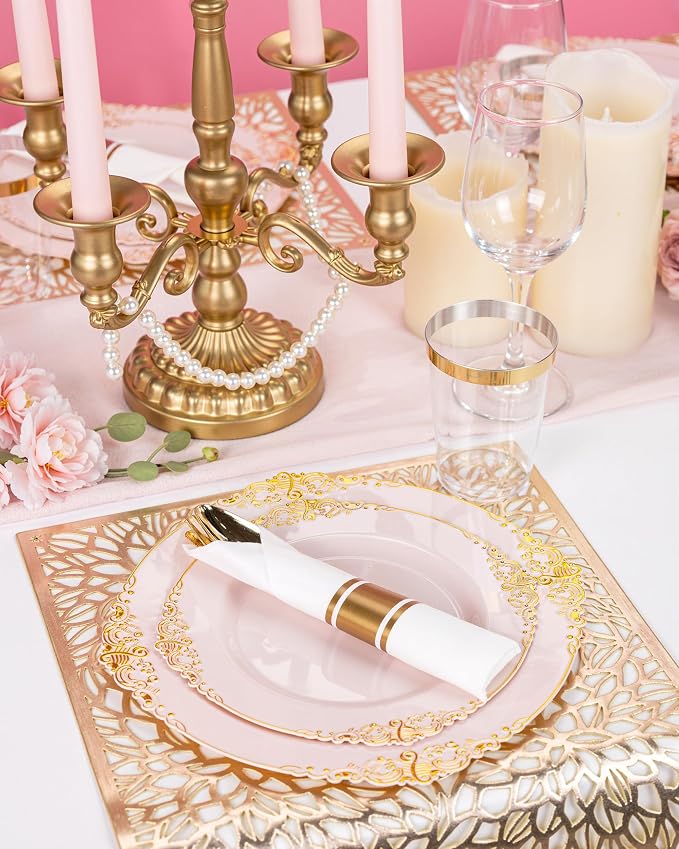 Nervure 700Pcs Pink Plastic Plates, Plastic Dinnerware Set for 100 Guests | 100 7.5" Dessert & 100 10.25" Dinner Plastic Plate, 300 Silverware, 100 10oz Cups, 100 Napkin for Wedding & Party, BPA-free