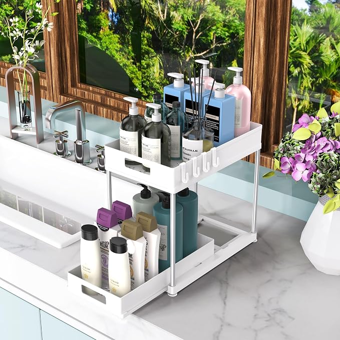 2 Pack Under Sink Organizer with Double Pull-Out Drawer, White | 2-Tier Cabinet Storage, Fits Cleaning Supplies & Toiletries, Space Saving for Small Cabinets, Double-layer Sliding