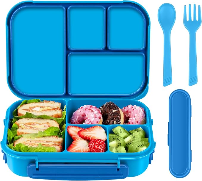 Amathley Lunch Box Kids,Bento Box Adult,Leakproof Lunch Containers for Adults/Kids/Toddler,1200ML-4 Compartments bento Lunch box with Utensil,Microwave & Dishwasher & Freezer Safe (Blue)